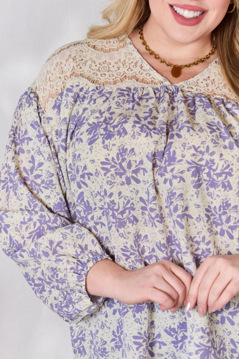 Hailey & Co Full Size Lace Detail Printed Blouse for Women - Love Salve